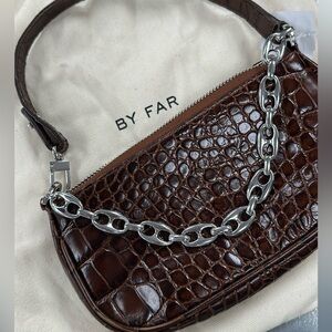 BY FAR “mini Rachel “Chocolate Croc-Embossed Shoulder Bag with Silver Chain